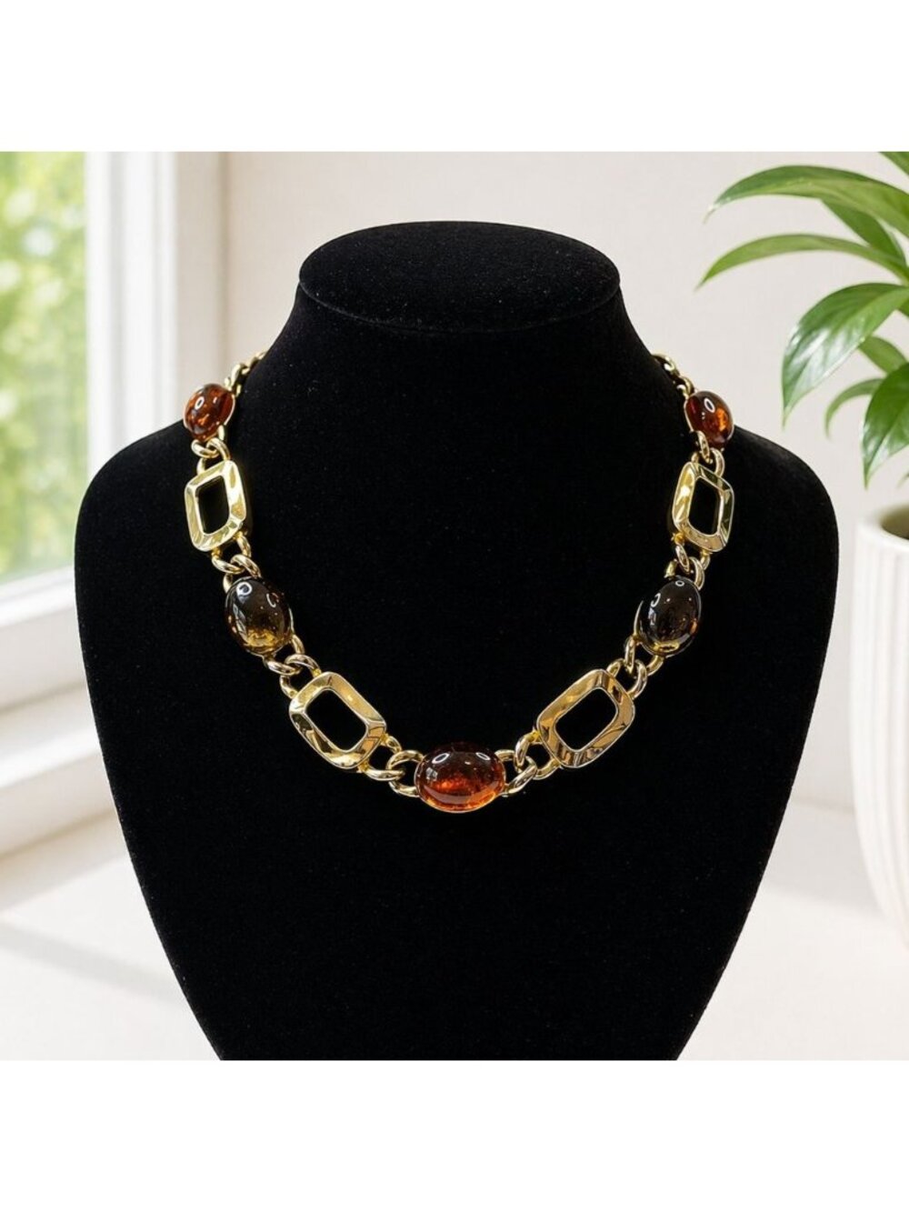 Gold-Tone Chain Link Necklace JNV With Amber-Colored Resin‎ Cabochons 18 Inches